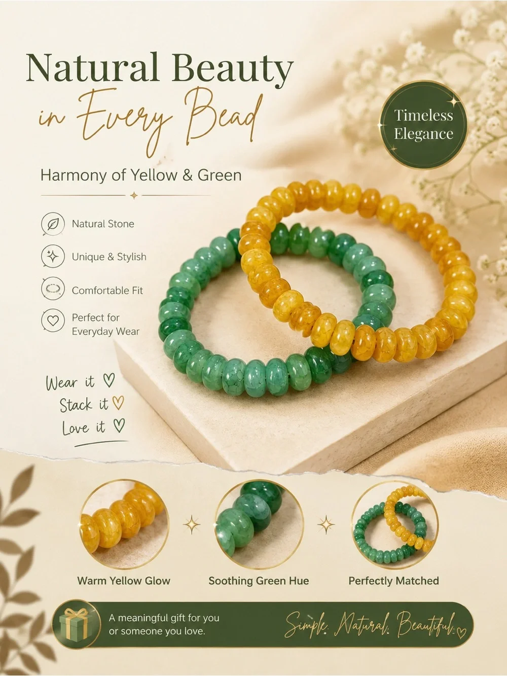 Green & Amber Beaded Stretch Bracelet Set - Women Jewelry
